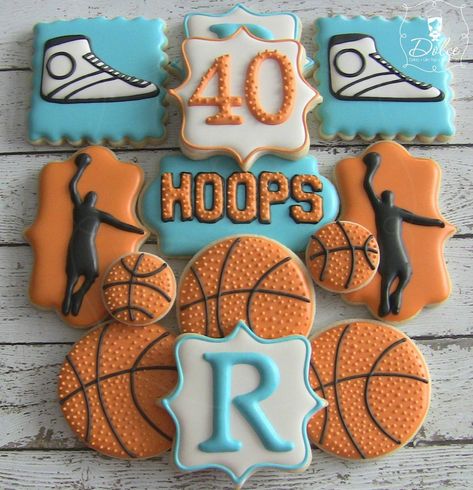 Hoops Basketball Themed 40th Birthday Set | Cookie Connection Basketball Cookies, Ball Cookies, Ball Birthday Parties, Basketball Birthday, Sugar Cookie Designs, Birthday Party Food, Creative Cookies, Cookie Inspiration, Beautiful Cookies