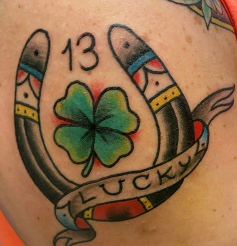 So this was designed from by Brandon at Dark Horse Art Studio in Pekin Illinois! Walked in and said I want a lucky tattoo 😂 #americantraditional #tattoo #lucky #fridaythe13th #fourleafclover #horseshoe #girlswithtattoos American Traditional Lucky Tattoo, Four Leaf Clover Tattoo American Traditional, American Traditional Clover Tattoo, Four Leaf Clover Tattoo Traditional, Traditional Clover Tattoo, Black Horse Tattoo, Lucky 13 Tattoo, Pekin Illinois, Leaf Clover Tattoo