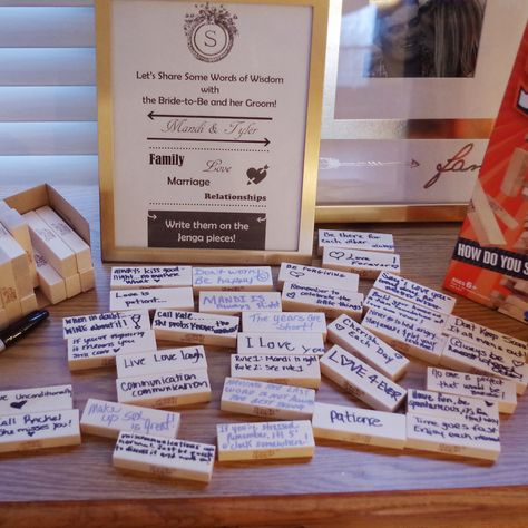 Have guests write messages on Jenga pieces. #wedding #shower #gifts Jenga Blocks Wedding Messages, Advice Box, Jenga Blocks, Wedding Messages, Wedding Shower Gifts, Word Of Advice, Some Words, Love And Marriage, Family Love