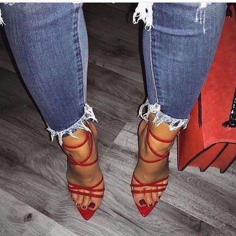 Shop By Lily on Instagram: “Last and final RESTOCK 💕 AVA 🛍” Red Strappy Heels, High Heels Classy, Ankle Strap Chunky Heels, Prom Heels, Heels Classy, Red Sandals, Studded Heels, Cute Heels, Red Shoes