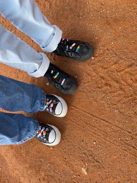 rainbow beads for lgbtq awareness. dm @rainbowshoelaceproject on insta to grab some! cool converse lgbt beads dirt outback Converse Beads, Pride Converse, Lgbtq Awareness, Cool Converse, Beaded Shoes, Black Converse, Rainbow Beads, Pony Beads, Dream Shoes