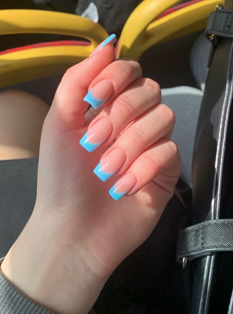 #nails #frenchnails #french #bluefrench #bluenails #nailsaesthetic #nailsart #nails2022 #nailsdesign Pastel Blue French Nails, Coffin Acrylic Nails Blue French Tip, Blue French Tip Nails Coffin Medium, Pink With Blue French Tip, Summer French Tip Nails 2023, Small Blue French Tip Nails, Colored French Nails Square, Medium Blue French Tip Nails, Bright Blue Nails French Tip