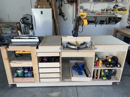 Combination workbench with table saw and miter flip Workbench With Table Saw, Woodworking Assembly Table, Rolling Workbench, Table Saw Station, Table Saw Workbench, Saw Table, Miter Saw Table, Building A Workbench, Folding Workbench