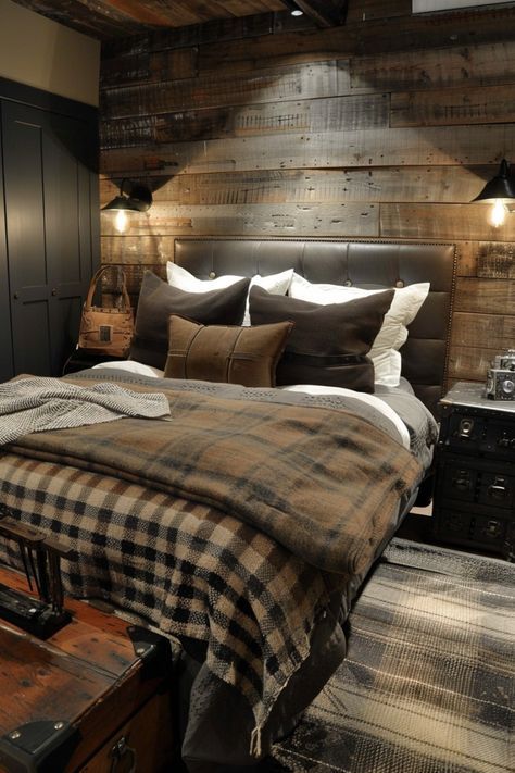 Cabin Inspired Bedroom, Adult Male Bedroom Ideas, Wood Headboards, Ranch Bedroom, Male Bedroom Ideas, Lodge Bedroom, Gothic Decor Bedroom, Mens Bedroom Decor, Farmhouse Bedroom Decor Ideas