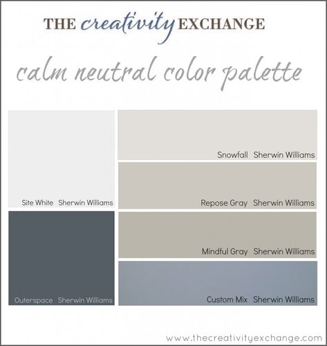 Calm, peaceful, warm blue/gray paint color palette for a room (all by Sherwin Williams): walls - Repose Gray, cabinets and desk in Mindful Gray, ceiling - Snowfall, accent colors in accessories, art, and Ikea couch - Outerspace, other accent pieces - Site White Dental Decor, Counselling Office, The Creativity Exchange, Counseling Room, Chiro Office, Dr Office, Office Redo, Optometry Office, Office Paint Colors