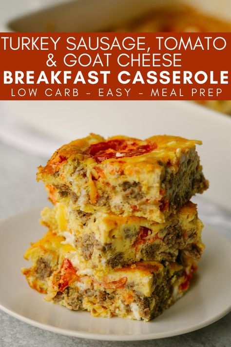 This easy breakfast casserole recipe is made with simple and healthy ingredients like ground turkey, tomatoes, onions, goat cheese and whole eggs. This healthy breakfast recipe can be made ahead and warmed as needed. It is perfect for meal prep or Sunday brunch! Easy Healthy Breakfast Casserole, Goat Cheese Breakfast, Tomato And Goat Cheese, Paleo Breakfast Easy, Easy Breakfast Casserole, Easy Breakfast Casserole Recipes, Turkey Breakfast Sausage, Delicious Breakfast Casserole, Healthy Breakfast Casserole