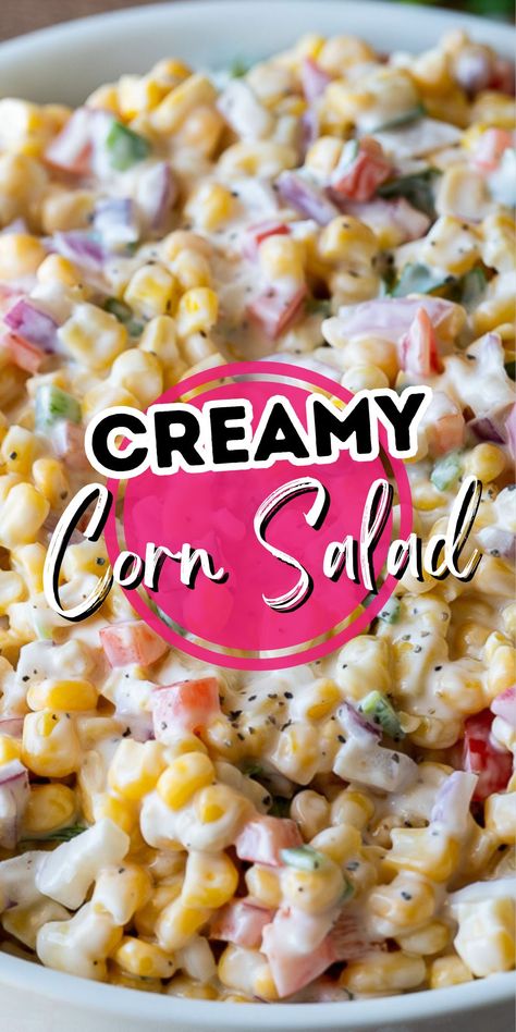 This Creamy Corn Salad Recipe is a quick and easy side dish that's filled with crisp corn kernels that pop in a creamy sauce; perfect for summer potlucks and bbq's! Corn Chips Salad, Corn Chip Salad, Creamy Corn Salad, Sweet Corn Salad Recipe, Easy Corn Salad, Creamy Avocado Pasta, Pea Salad Recipes, Corn Salad Recipe, Creamy Peas