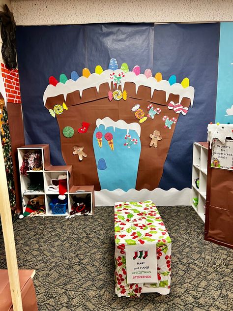 Dramatic Play Gingerbread House, Gingerbread House Dramatic Play, Gingerbread Dramatic Play, House Dramatic Play, Hanging Christmas Stockings, Dramatic Play, House Made, Gingerbread House, Christmas Stockings