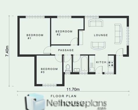 LC70B – 3 Bedroom House Plan Rectangular 3 Bedroom House Plans, 3 Bedroom Small House Plans, Three Bedroom Tiny House, 3 Bedroom Small House, 3 Room House Plan, House Plans For Narrow Lots, Bedroom Tiny House, 6 Bedroom House Plans, House Plans For Sale