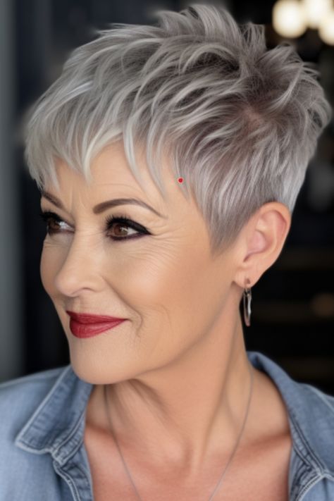 For those seeking a modern appearance consider the pixie haircut with tapered sides. This hairstyle is effortless to maintain while offering a touch, particularly suitable for those with fine hair. Click here to check out more classic short haircuts for older women. 90s Pixie, Short Spiky Haircuts, Short White Hair, Short Spiked Hair, Tapered Sides, Short Sassy Haircuts, Short Spiky Hairstyles, Short Silver Hair, Short Hair Images