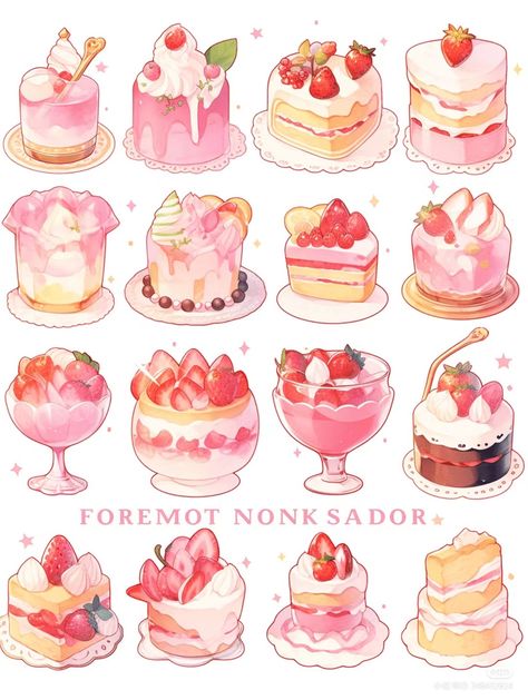 Dessert Drawing Reference, Dessert Art Illustration, Kawaii Cake Drawings, Dessert Art Drawing, Cute Dessert Drawings, Japanese Dessert Aesthetic, Dessert Drawings, Desserts Drawing, Dessert Illustration