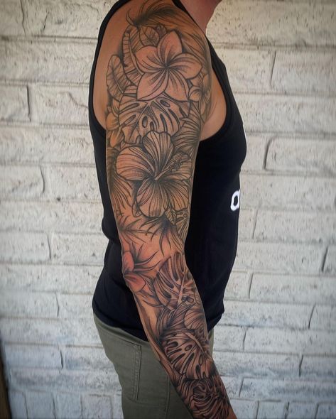 Tropical Inspired Tattoos, Ocean Full Sleeve Tattoo, Botanical Tattoo Sleeve Men, Men’s Floral Sleeve Tattoo, Jungle Plants Tattoo, Tropical Leg Sleeve Tattoo, Plant Tattoo Back, Tropical Arm Sleeve Tattoo, Tropical Tattoo For Men