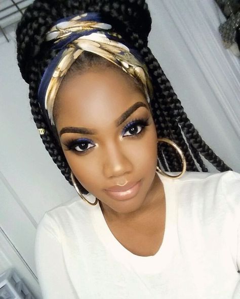 Box braids with scarf Braids With Scarf, Black Braids Hairstyles, Box Braids Updo, Braids Updo, French Braid Ponytail, Braids Styling, Blonde Box Braids, Jumbo Box Braids, Short Box Braids