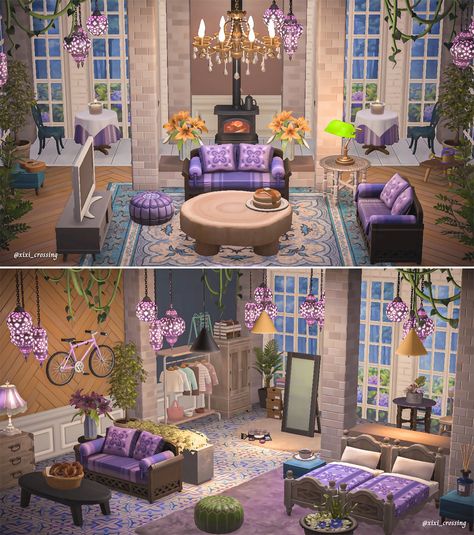 Purple Animal Crossing Aesthetic, Acnh Home Interior, Acnh Interior Designs, Fairytale House Interior, Acnh Fairytale, Acnh Purple, Bedroom Ideas Cottagecore, Acnh Elegantcore, Acnh Living Rooms Ideas