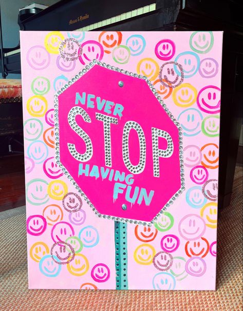 Pink Stop Sign, Preppy Artwork, Dorm Paintings, Preppy Art, Art Preppy, Dorm Art, Cute Canvas Paintings, Easy Canvas Art, Pink Painting