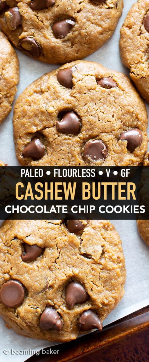 Chocolate Chip Homemade Cashew Butter Cookies Recipe (Vegan, Paleo, Flourless, Oil-Free) - Beaming Baker Butter Cookies Recipe Easy, Cashew Butter Cookies, Cashew Butter Recipe, Beaming Baker, 15 Cookies, Flourless Cookies, Bolo Fit, Paleo Cookies, Vegan Cookies Recipes