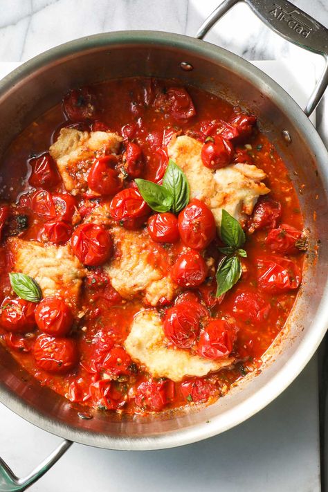 Pan Seared Cod in a White Wine Tomato Basil Sauce Cod With White Wine Sauce, Pan Seared Cod In White Wine Tomato Basil Sauce, White Fish And Tomatoes, Pan Seared Mediterranean Cod In Tomato Basil Sauce, Fish In Tomato Basil Sauce, Wine Butter, Tomato Basil Sauce, Basil Sauce, Chicken Cacciatore