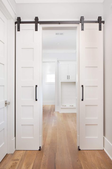 River Oak | JacksonBuilt Homes Slim Barn Doors Sliding, Barn Doors For Laundry Room, Furnace Closet, Split Barn Door, Apartemen Studio, Daniel Island, Barn Door Designs, Master Bath Remodel, Interior Barn Doors