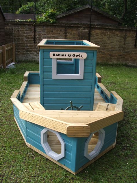 The front of one of our play boats Diy Kids Playground, Backyard Playset, Free Woodworking Project Plans, Play Area Backyard, Backyard Garden Diy, Diy Playground, Kids Outdoor Play, Backyard Playground, Backyard Play