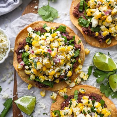 Mexican Corn Salsa, Kalefornia Kravings, Black Bean Tostadas, Bean Tostadas, Shrimp Bowls, Canning Refried Beans, Chili Lime Shrimp, Tostada Recipes, Healthier Meals