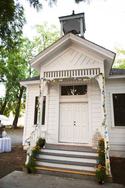 One Room Schoolhouse Wedding in Danville, CA House Wedding Ideas, Schoolhouse Wedding, Broadway Wedding, Wedding Chapel Ideas, One Room Schoolhouse, Purple And Yellow Flowers, Pennant Flags, Farm Weddings, School House