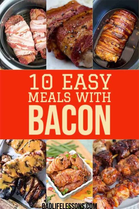 If you love bacon, you'll love these delicious recipes! We bring you 10 Easy Meals With Bacon! Bacon compliments so many different flavors. These easy recipes will help you add some variety to your meals quickly and simply. M favorite is the bacon wrapped steak. Be sure to let us know which ones are your favorites. Bacon. 10 Easy Meals With Bacon Back Bacon Recipes Dinners, Bacon Steak Recipes, Bacon Recipe Ideas, Quick And Easy Dinner Recipes With Bacon, Crockpot Bacon Recipes, Dinner Ideas With Bacon Simple, Lunch Ideas With Bacon, Peppered Bacon Recipes, Dinners Using Bacon