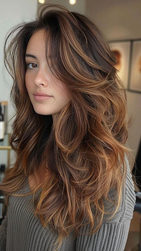 Lighter Tips On Brown Hair, Chestnut Balayage On Dark Hair, Balayage Hair Color For Brunettes, Copper Caramel Balayage, Brown Amber Hair, Red Brown Balayage Hair, Dark Auburn Highlights, Chocolate Brown Hair With Dimension, Brown And Caramel Balayage