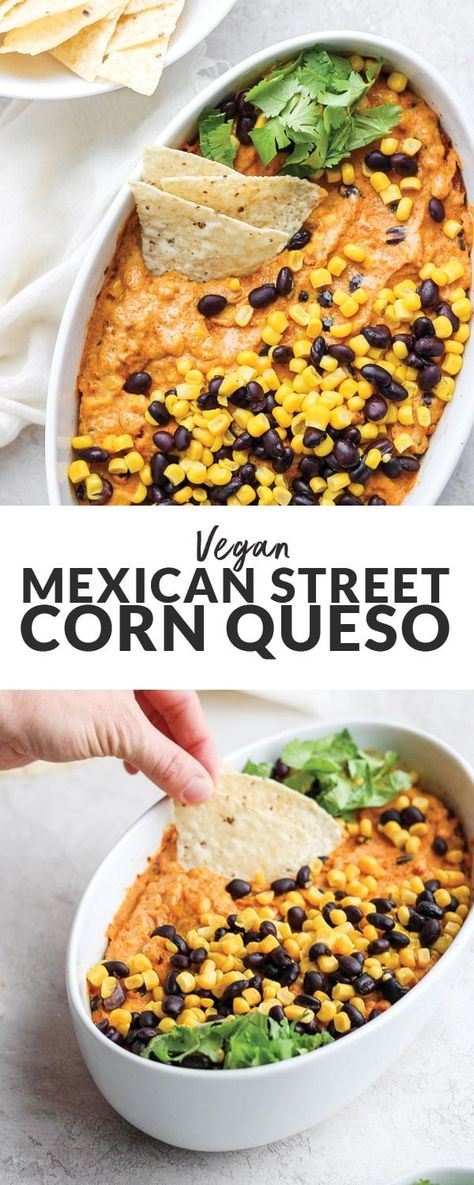 This Vegan Street Corn Queso Dip is the ultimate healthy appetizer for your next get-together!Made with our delicious vegan queso + sweet corn and black beans, and then baked to cheezy perfection, this queso dip can't be beat. Street Corn Queso, Vegan Street Corn, Corn Queso Dip, Corn Queso, Dip Healthy, Vegan Apps, Vegan Queso, Fit Foodie Finds, Healthy Appetizer