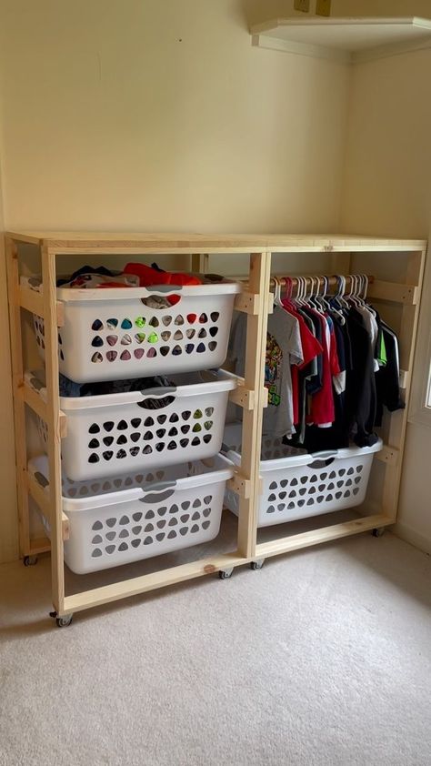 *NEW PRODUCT ALERT* Introducing our portable closets! Available on our website and Etsy! #linkinbio . . . Check out our reviews on Etsy and Amazon! #linkinbio . . . www.Smithandsonwoodworking.com . . #laundry #laundryshelf #laundrycloset #portablecloset #organization #getorganized #shelving #storage #laundrybasketholder #laundryrack #laundryroom #smallbiz #shopsmall #etsy #etsyinstagram #laundryorganizer #homemaker #farmhouse | Smith & Son Woodworking | ianasher · Original audio Diy Clothes Organizer Storage Ideas Laundry Baskets, Laundry Basket Shelves, Ideas De Closets, Laundry Basket Dresser, Laundry Basket Holder, Laundry Room Baskets, Diy Laundry Basket, Dream Laundry Room, New Product Alert