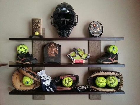 Softball Trophy Display Ideas, Softball Display Ideas, Kids Trophy Display Ideas, Softball Room Ideas, Softball Bedroom Ideas, Trophy Display Ideas, Themed Room Ideas, Softball Room Decor, Softball Bedroom