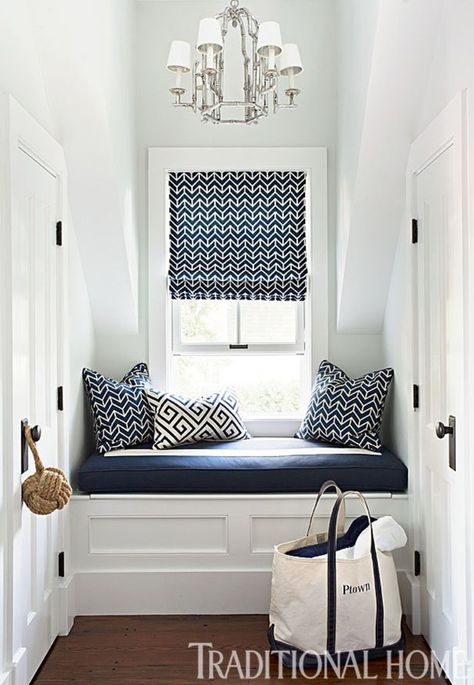 Navy Blue Decor, Cape Cod House, Nautical Home, In The Corner, Window Seat, My New Room, Traditional Decor, Guest Bedroom, Coastal Decor