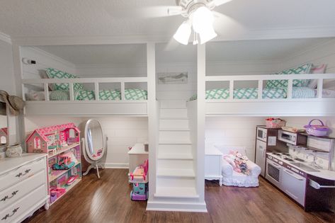 the blog Double Loft Bed With Steps, Loft Double Bed Ideas, Bunk Bed Layout Ideas, Loft Bed Shared Room, Loft Bed Layout Ideas, How To Split A Room Kids Shared Bedrooms, 2 Loft Beds In One Room, Girls Loft Bedroom, Bunk Beds Ideas