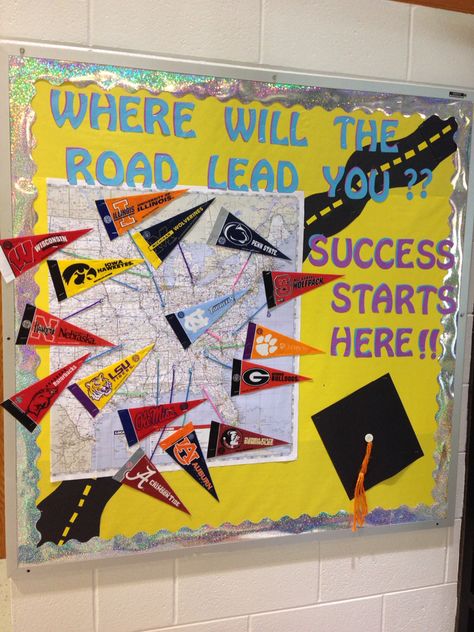 Career Bulletin Boards Middle School, College Go Week Bulletin Boards, Bulletin Boards Ideas For College, College Themed Bulletin Boards, Career Bulletin Boards Elementary, College Counseling Bulletin Boards, College Acceptance Bulletin Board, Avid Bulletin Boards Middle School, Avid Bulletin Boards