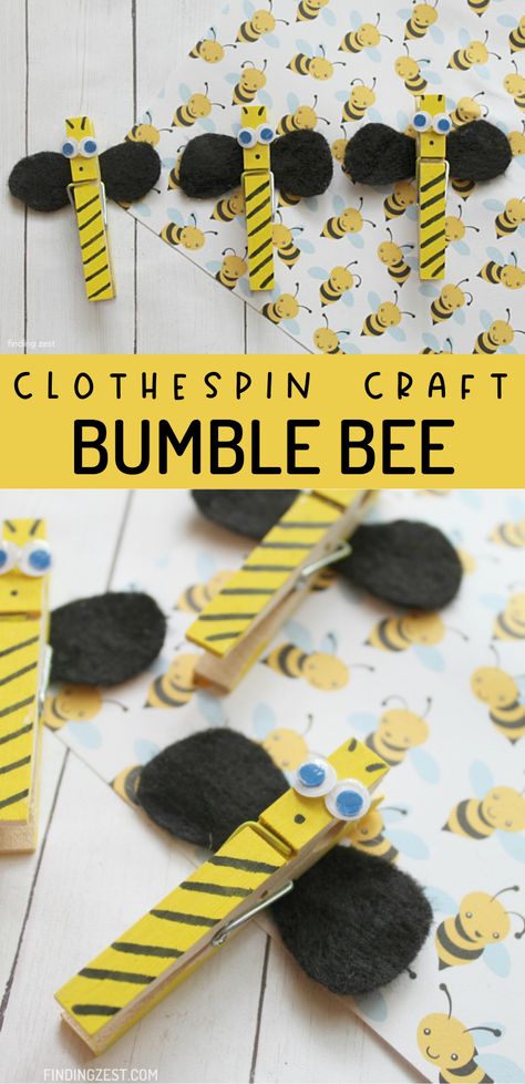 Bumble Bee Crafts are a fun rainy day activity! This clothespin bee is a fun way to brighten up any space and is great for preschool through elementary school, depending upon materials used. Several variations included for any age! Bee Themed Crafts, Bumble Bee Crafts, Kids Craft Work, Fun Rainy Day Activities, Bumble Bee Craft, Bee Craft, Bee Crafts For Kids, Bee Activities, Bumble Bee Art