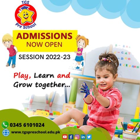 Give Your Child An Interactive Learning Experience @ TGS Pre School !
Admissions Open  For  Session 2022-23
Visit Us At: @ TGS Pre School-The Generation School-Sialkot Campus 
( کلاسیکو چوک ،ناصر روڈ اسلامیہ پارک ،سیالکوٹ)🏫
☎Call : 03456101024 
www.tgspreschool.edu.pk

#AdmissionsOpen #TGSPreSchool #bestpreschooladmissions2022 
#AdmissionsOpen #Montessori #admissions2022_23 
 #TGSPreSchool
#Sialkot
#bestschoolinsialkot
#no1schoolinsialkot
#Schoolsinsialkot
#SialkotSchools Kindergarten Posters, School Advertising, Welcome To Kindergarten, School Brochure, Admissions Poster, Education Banner, Kindergarten Design, Pamphlet Design, School Creative