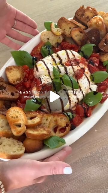 Baked Burrata Appetizer, Basil Drizzle, Burrata Appetizer, Olive Tray, Roast In The Oven, Baby Tomatoes, Raw Garlic, French Baguette, Roasted Tomato