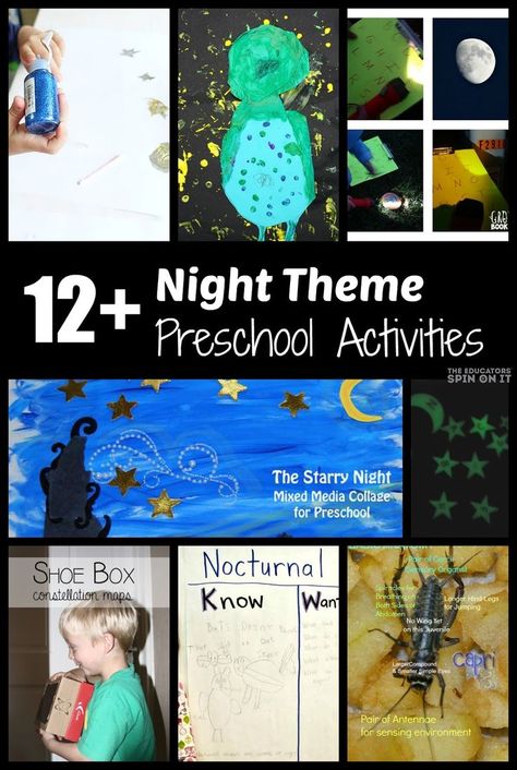 Preschool Activities for Night Theme: Bat Sonar Game, Glow in the Dark Sensory Bin, Starry Night Mixed Media Collage, Owl Painting, Nocturnal Animal KWL chart, Shoe Box Constellation Activity and MORE! Constellation Activity, Owl Preschool, Constellation Activities, Night Animals, Kwl Chart, Night Theme, Theme Activities, Preschool Lesson Plans, Nocturnal Animals