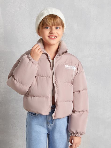 Pink Casual  Long Sleeve Polyester Geometric,Letter Puffer Embellished Non-Stretch Winter Girls Clothing Puffy Winter Jacket, Girls Pad, Winter Outfits For Girls, Puffy Coat, Everyday Fashion Outfits, Winter Girls, Simple Trendy Outfits, Winter Coats, Girls Jacket