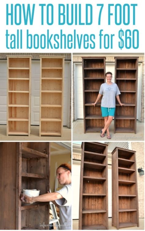 Build 7' tall bookshelves for only $60! How To Make Bookshelves, Diy Bookshelf Plans, Bookcase Plans, Tall Bookshelves, Bookshelf Plans, Diy Muebles Ideas, Diy Tumblr, Building Furniture, Bookshelves Diy