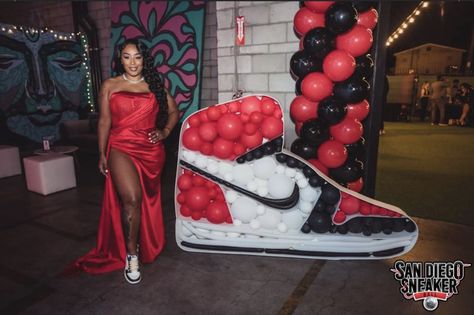 Sneaker Gala Party Outfit Ideas, 18th Birthday Sneaker Ball, 30th Birthday Sneaker Ball, Red Carpet Sneaker Ball, Sweet 16 Sneaker Party Ideas, Jordan Year Birthday Party Ideas, Jordan Balloon Decor, Jordan Decorations Birthday Parties, Sneaker Backdrop Ideas