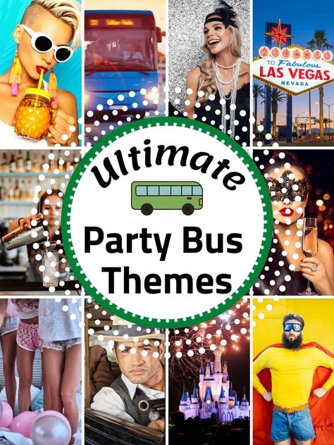 Ultimate Party Bus Themes! If you are looking for a unique way to throw a party then a party bus rental is for you! Look through this ultimate list for party bus themes then pick a theme, send out invites, and let the good times roll on down the road. Party Bus Food Ideas, Party Bus Themes For Adults, Party Bus Themes, Party Bus Birthday, Italian Dinner Party Decorations, Office Themed Party, Party Like Gatsby, Italian Dinner Party, Party Bus Rental