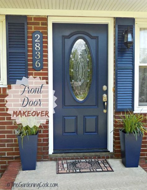 Front Door For Beige House, Behr Blue Front Door Paint Colors, Blue Front Door With Red Brick, Sherwin Williams Naval Front Door, Blue Door Brick House, Dark Blue Front Door Colors, Dark Blue Shutters, Dark Blue Front Door, Blue Front Porch