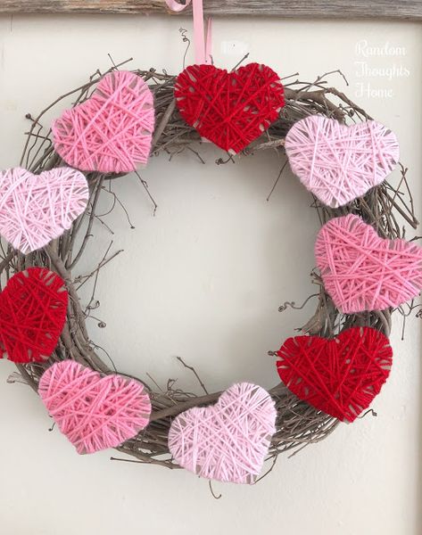 Valentines Day Hutch & Wreath Tutorial - Random Thoughts Home Valentine Yarn Wreath, Diy St Patricks Day Wreath, Diy Grapevine Wreath, Diy Valentines Day Wreath, Valentine Wreath Diy, Valentine Gift Baskets, Straw Wreath, Valentines Crafts, Preschool Valentines