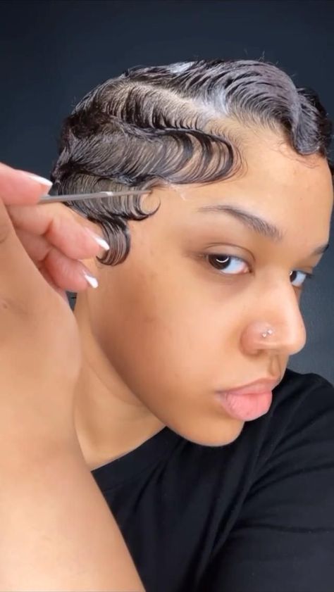 Finger Waves Short Hair, Short Relaxed Hairstyles, Finger Wave Hair, Black Hair Short Cuts, Short Hair Waves, Natural Hair Cuts, Natural Hair Short Cuts, Short Hair Black, Short Hair Pixie Cuts