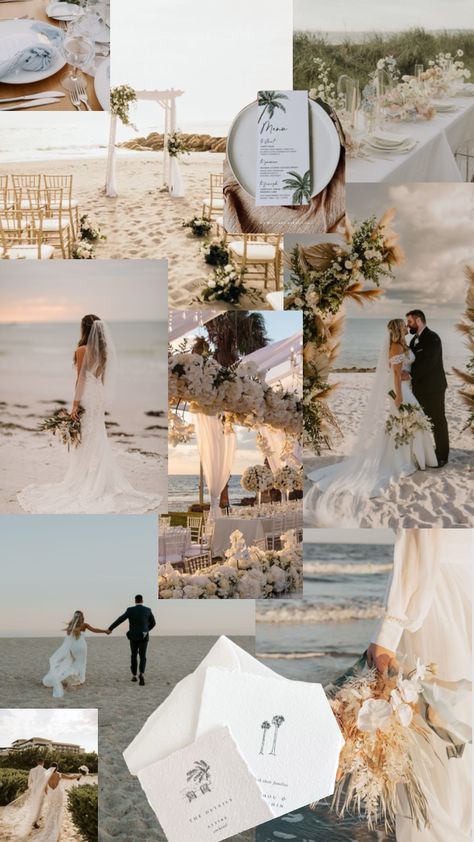 Neutral beach wedding mood board featuring soft sands, palm trees, and serene ocean views perfect for a coastal celebration Neutral Beach Wedding, Beach Wedding Inspiration, Wedding Venues Beach, Wedding Venue Inspiration, Waterfront Wedding, Coastal Wedding, Natural Texture, Palm Trees, Beach Wedding