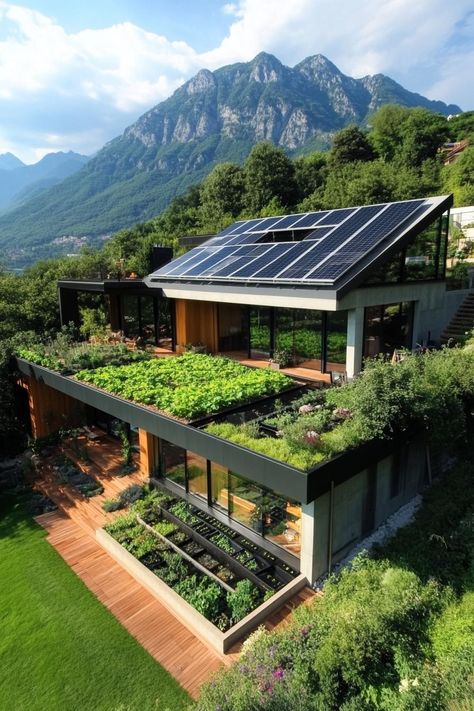 Modern house green roof garden with solar panels lush mountain views. Get inspired with sleek, modern house designs paired with stunning garden ideas you’ll want to steal. Green House On Side Of House, Solar Panel Garden, Modern Eco House Design, Solar Panel House, Roof Garden Architecture, Sleek Modern House, Solar Panel Roof Design, Modern Residential House, Solar Panels On Roof