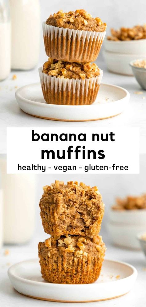 Healthy Banana Nut Muffins, Peanut Butter Oatmeal Smoothie, Banana Nut Muffins Healthy, Vegan Banana Muffins, Nut Muffins, Muffins Vegan, Banana Nut Muffins, Vegan Baking Recipes, Vegan Muffins