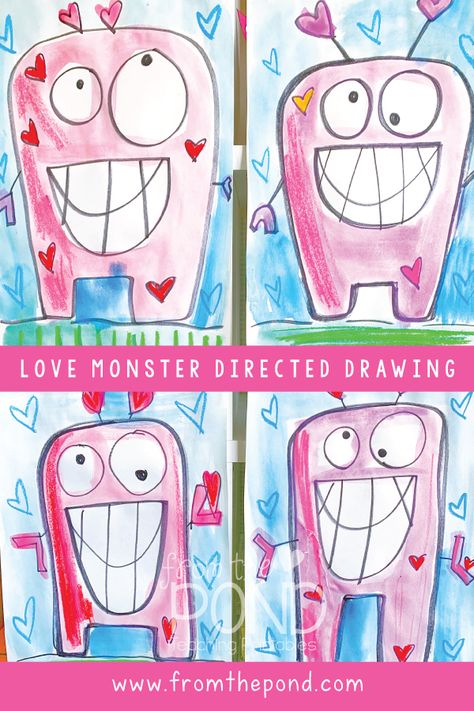 Love Monster Directed Drawing | From the Pond Monster Directed Drawing, Directed Drawing For Kids, February Art Projects, Draw Hearts, Directed Drawing Kindergarten, Kindergarten February, February Classroom, Kindergarten Valentines, Valentine Art Projects