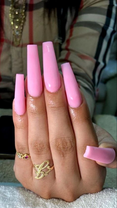 Bubblegum Pink Square Nails, All Pink Acrylic Nails, Pink Solid Color Nails, Long Light Pink Nails, Bubblegum Pink Nails Acrylic, Pink Tapered Square Nails, All Pink Nails, Solid Pink Nails, Pink Nail Acrylic