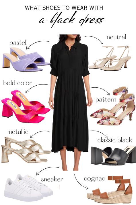 what shoes to wear with a black dress Black Dress With Blazer, With Blazer Outfit, Dress With Blazer Outfit, Outfit With Shoes, Dress With Blazer, What Shoes To Wear, Neon Prom Dresses, Sparkly Prom Dress, Below The Knee Dresses